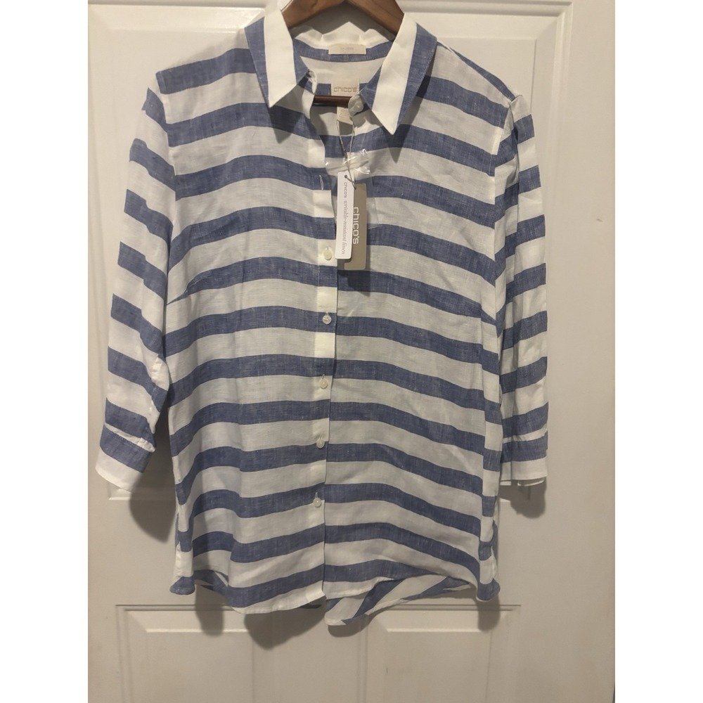 Chico's Blouse Linen NWT Wrinkle Resistant Blue White Stripe Beachy Size 2 Lg